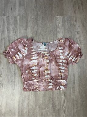 Good Luck Gem Mauve-Pink Tie-Dye Cropped Puff Sleeve Top LG